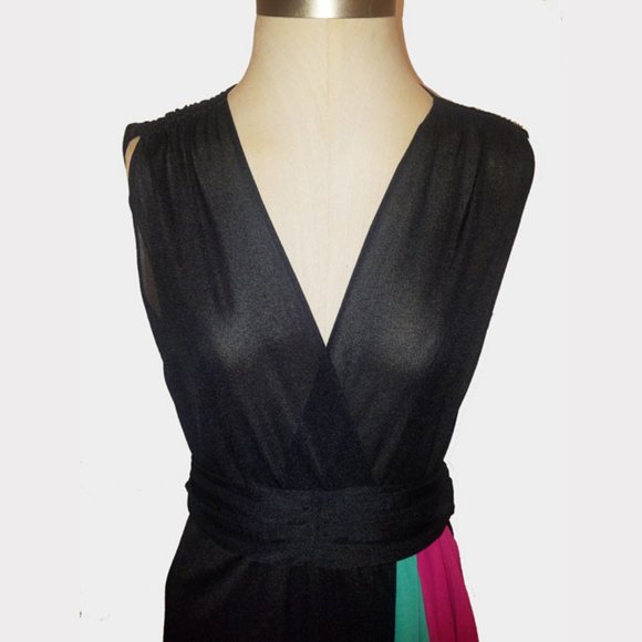 Vtg 70s Black Surplice Hankie Swag Dress S - Picture 2 of 7